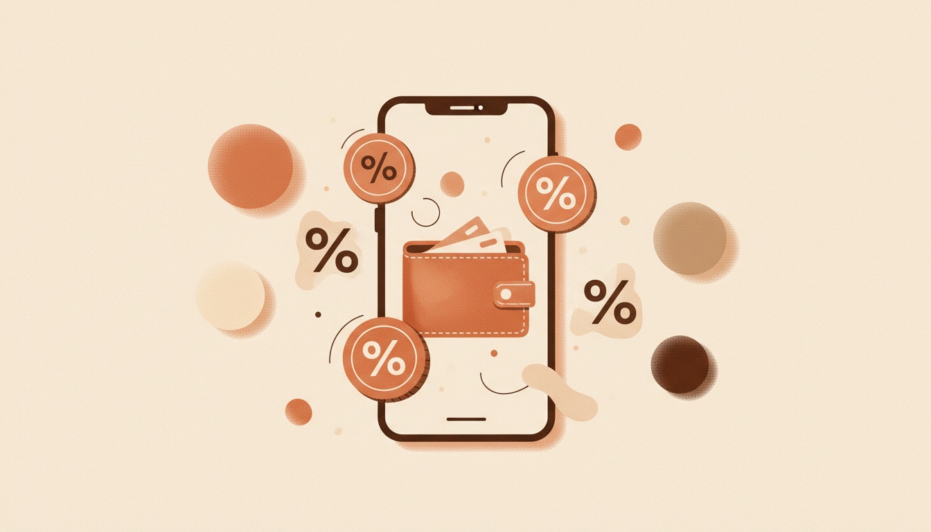 Ilustrasi ponsel dengan dompet digital dikelilingi koin dan simbol persen